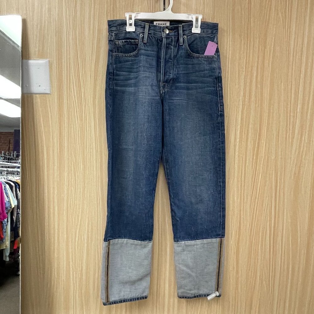 Frame Denim Two-Tone Straight Leg Jeans in Dark Indigo